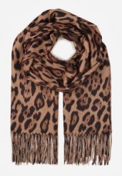 Brązowy Panterkowy Szalik z Wiskozy Zakończony Frędzlami Ferinda. Brązowe szaliki i kominy Born2be, bez wzorów, z puchu, klasyczne. Za 39.99 zł.