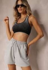Jasnoszare Dresowe Szorty High Waist z Gumką w Talii Narefia. Szare szorty Renee, w ażurowe wzory, z dresówki, eleganckie. W wyprzedaży za 23.99 zł.