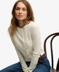 Superdry Lekki kardigan Essential z bawełny. Białe swetry Superdry, uniwersalny, z aplikacjami, z bawełny, eleganckie, bez ramiączek. Za 242.80 zł.