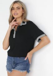 Czarny T-shirt Polo z Ozdobnymi Taśmami i Cyrkoniami Kythy. Czarne t-shirty Born2be, m, bez wzorów, bez kołnierzyka, bez ramiączek. W wyprzedaży za 42.49 zł.