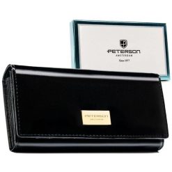 Czarny, poziomy portfel damski ze skóry naturalnej i ekologicznej wyposażony w system RFID - Peterson. Czarne portfele Peterson, bez wzorów, ze skóry. Za 70.00 zł.