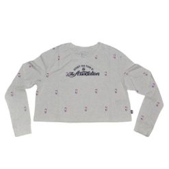 Bluza damska Nike NBA N31 Courtside Longsleeve Crop T-shirt Birch Heather. Czarne bluzy Nike, bez wzorów, bez ramiączek, bez kaptura. Za 101.00 zł.