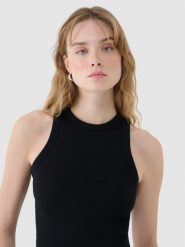 4F Top slim z prążkowanej dzianiny damski - czarny M. Czarne topy 4f, m, bez wzorów, z bawełny, klasyczne, bez kołnierzyka, bez ramiączek. Za 59.99 zł.