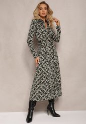 Zielona Koszulowa Sukienka Maxi w Geometryczny Wzór z Paskiem Oniufe. Zielone sukienki Renee, s, bez wzorów, z materiału, bez kołnierzyka, bez ramiączek, maxi, koszulowe. W wyprzedaży za 95.99 zł.