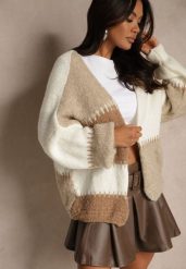 Brązowy Kardigan z Domieszką Wełny i Wiskozy w Patchworkowym Stylu Fesolinne. Brązowe swetry Renee, s, bez wzorów, z jeansu, bez ramiączek. Za 149.99 zł.