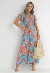 Niebieska Sukienka Maxi w Kwiaty z Gumką w Pasie Shepes. Niebieskie sukienki Born2be, l, z aplikacjami, z tkaniny, bez kołnierzyka, bez ramiączek, maxi, kopertowe. Za 109.99 zł.