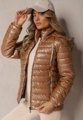 Ciemnobeżowa Kurtka Ozdobiona Pikowaniem z Odpinanym Kapturem Mivvera. Brązowe kurtki Renee, l, bez wzorów, z jeansu, sportowe. W wyprzedaży za 74.99 zł.