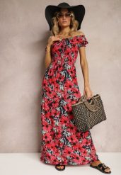 Granatowo-Czerwona Rozkloszowana Sukienka Hiszpanka z Wiskozy w Kwiatowy Wzór Viseria. Niebieskie sukienki Renee, na co dzień, bez wzorów, z materiału, eleganckie, bez kołnierzyka, bez ramiączek, maxi, rozkloszowane. Za 69.99 zł.