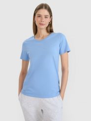 4F T-shirt regular gładki damski - niebieski L. Niebieskie t-shirty 4f, l, bez wzorów, z bawełny, klasyczne, bez kołnierzyka, bez ramiączek. Za 49.99 zł.