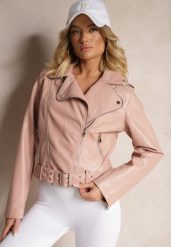 Różowa Kurtka o Kroju Ramoneski z Paskiem ze Sprzączką Evelvila. Czerwone kurtki Renee, l, bez wzorów, z jeansu, eleganckie, bez kaptura. W wyprzedaży za 172.49 zł.