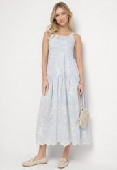 Niebieska Sukienka z Wiskozy i Bawełny na Ramiączkach w Stylu Boho w Kwiaty z Guzikami Eldexira. Niebieskie sukienki Born2be, na co dzień, m, bez wzorów, z bawełny, boho, bez kołnierzyka, bez ramiączek, maxi. Za 229.99 zł.