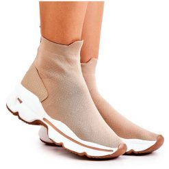 Buty Sportowe Wysoka Skarpeta Beżowe Bailee beżowy. Brązowe buty treningowe bez wzorów, z gumy, przed kolano, bez zapięcia. Za 161.95 zł.