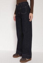 Granatowe Jeansy z Bawełną o Szerokim Kroju z Wysokim Stanem i Ozdobnymi Kieszeniami Adelsala. Niebieskie jeansy Born2be, l, bez wzorów, z bawełny, eleganckie, z podwyższonym stanem. Za 99.99 zł.