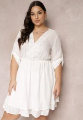 Biała Sukienka Mini z Gumką w Talii i Koronkowymi Wstawkami Kelia. Białe sukienki Renee, na co dzień, l, bez wzorów, z koronki, eleganckie, bez kołnierzyka, bez ramiączek, midi, kopertowe. W wyprzedaży za 75.99 zł.