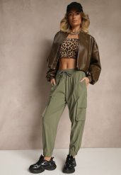 Ciemnozielone Spodnie Cargo z Bawełną High Waist Kolanielis. Zielone jeansy Renee, l, bez wzorów, z bawełny, z podwyższonym stanem. W wyprzedaży za 39.99 zł.