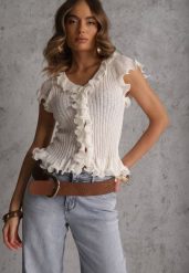 Biała Bluzka z Wiskozą w Prążki z Falbanami Eunione. Białe bluzki Renee, l, bez wzorów, z jeansu, bez kołnierzyka, bez ramiączek. Za 99.99 zł.