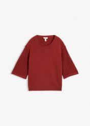Sweter z mieszanki bawełny i lnu. Brązowe swetry bonprix, w ażurowe wzory, z bawełny, bez ramiączek. Za 107.99 zł.