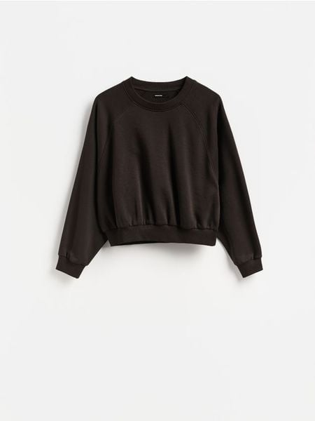 Gładka bluza - ciemnobrązowy. Brązowe bluzy Reserved, l, bez wzorów, z bawełny, bez ramiączek, bez kaptura. Za 69.99 zł.