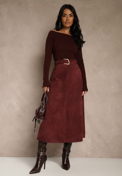 Bordowa Spódnica z Wiskozy z Bawełną z Imitacji Zamszu z Paskiem Oliweda. Czerwone spódnice Renee, na co dzień, l, bez wzorów, z bawełny, midi. Za 139.99 zł.