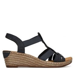 Sandały Rieker. Niebieskie sandały Rieker, bez wzorów, bez obcasa, na koturnie, bez zapięcia. Za 319.99 zł.
