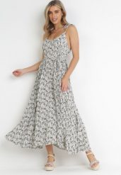 Biała Rozkloszowana Sukienka Maxi z Wiązanymi Ramiączkami Brigidia. Białe sukienki Born2be, m, bez wzorów, z tkaniny, bez kołnierzyka, bez ramiączek, maxi, rozkloszowane. W wyprzedaży za 118.99 zł.