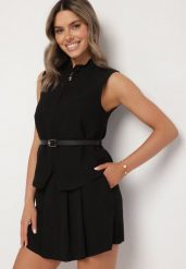 Czarny Wiskozowy Komplet Spódnico-Spodenki z Kieszeniami Bluzka ze Szlufkami z Paskiem Mavireina. Czarne bluzki Born2be, l, bez wzorów, z materiału, eleganckie, bez kołnierzyka, bez ramiączek. W wyprzedaży za 212.49 zł.