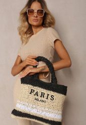 Beżowo-Czarna Pleciona Torebka w Stylu Boho Ozdobiona Napisem Oegelia. Brązowe torebki klasyczne Renee, bez wzorów, z materiału, boho, bez dodatków. W wyprzedaży za 69.99 zł.