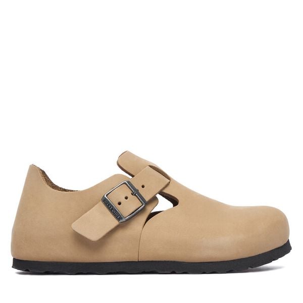 Półbuty Birkenstock. Brązowe półbuty wsuwane Birkenstock, bez wzorów, bez obcasa, na płaskiej podeszwie. Za 719.99 zł.