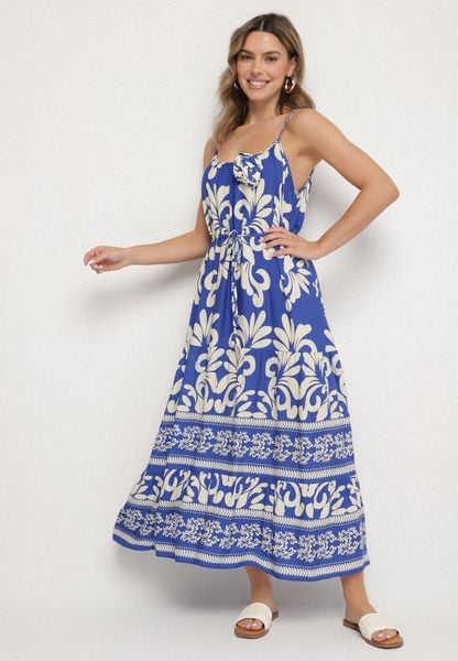 Niebieska Wiskozowa Sukienka na Ramiączkach z Wiązaniem i Broszką Marizena. Niebieskie sukienki Born2be, na co dzień, l, bez wzorów, z wiskozy, eleganckie, bez kołnierzyka, bez ramiączek, midi, kopertowe. Za 79.99 zł.