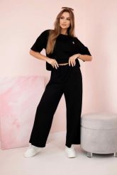 Komplet masełko bluzka z kwiatem + spodnie czarny. Czarne bluzki KESI, l, bez wzorów, z dresówki, eleganckie, bez kołnierzyka, plus size, bez ramiączek. Za 342.93 zł.