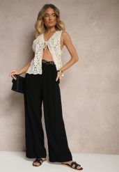 Czarne Spodnie Palazzo o Szerokim Kroju High Waist Ozdobione Wiązaniem Sonariella. Czarne jeansy Renee, bez wzorów, z jeansu, biznesowe, z podwyższonym stanem. W wyprzedaży za 50.99 zł.