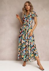 Czarna Rozkloszowana Sukienka Maxi w Kwiaty Moirane. Czarne sukienki Renee, na imprezę, l, z aplikacjami, z materiału, bez kołnierzyka, bez ramiączek, maxi, rozkloszowane. W wyprzedaży za 75.99 zł.