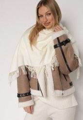 Jasnobeżowy Trójkątny Szalik z Wiskozy i Bawełny z Frędzlami Vetirala. Brązowe szaliki i kominy Born2be, bez wzorów, z bawełny, biznesowe. Za 44.99 zł.