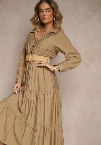 Ciemnobeżowa Wiskozowa Sukienka o Koszulowym Kroju z Paskiem z Klamrą Feluriela. Brązowe sukienki Renee, na co dzień, l, bez wzorów, z wiskozy, eleganckie, bez kołnierzyka, bez ramiączek, maxi, kopertowe. Za 89.99 zł.