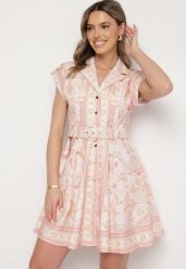 Różowa Wiskozowa Sukienka o Koszulowym Kroju z Paskiem z Klamrą Nitariela. Czerwone sukienki Born2be, na spotkanie biznesowe, l, bez wzorów, z wiskozy, eleganckie, bez kołnierzyka, bez ramiączek, mini, koszulowe. Za 229.99 zł.