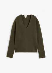 Sweter z dekoltem w serek. Zielone swetry bonprix, bez wzorów, bez ramiączek. Za 109.99 zł.