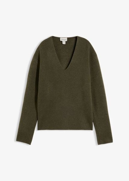 Sweter z dekoltem w serek. Zielone swetry bonprix, bez wzorów, bez ramiączek. Za 109.99 zł.