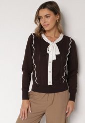 Brązowy Sweter z Wiskozą Ozdobiony Kokardą Eleganckimi Guzikami i Kontrastowymi Detalami Miariel. Brązowe swetry Born2be, s, bez wzorów, z jeansu, eleganckie, bez ramiączek. Za 129.99 zł.