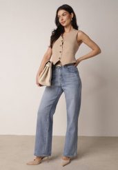 Niebieskie Szerokie Jeansy z Bawełny z Wysokim Stanem Berinielle. Niebieskie jeansy Born2be, l, bez wzorów, z bawełny, eleganckie, z podwyższonym stanem. Za 99.99 zł.