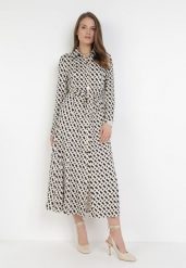 Beżowa Sukienka Bathiphaeia. Brązowe sukienki Born2be, l, bez wzorów, z materiału, eleganckie, bez kołnierzyka, bez ramiączek, midi, koszulowe. W wyprzedaży za 144.49 zł.