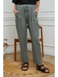Fleur de Lin Lniane spodnie w kolorze khaki rozmiar: L. Brązowe spodnie materiałowe Fleur de Lin, bez wzorów, ze lnu. Za 185.32 zł.