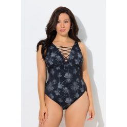 Damskie Kostium kąpielowy palmy miękkie miseczki wiązanie z recyklingu. Czarne stroje jednoczęściowe Ulla Popken, bez wzorów, z elastanu, sportowe. Za 239.99 zł.