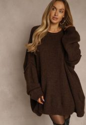 Brązowy Sweter Oversize z Wełną i Wiskozą Fedolina. Brązowe swetry Renee, m, bez wzorów, z jeansu, casualowe, bez ramiączek. Za 189.99 zł.