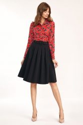 Rozkloszowana Spódnica do Kolan z Paskiem - Czarna. Czarne spódnice Nife, l, bez wzorów, z elastanu, midi, rozkloszowane. Za 169.90 zł.