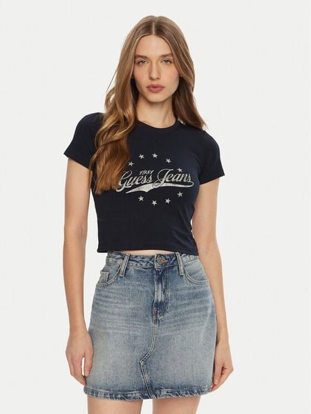 Guess Jeans T-Shirt W5RI59 J1314 Granatowy Regular Fit. Niebieskie t-shirty Guess Jeans, xs, z aplikacjami, z bawełny, bez kołnierzyka, bez ramiączek. Za 79.99 zł.