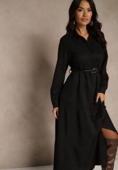 Czarna Sukienka Koszulowa z Wiskozy Ozdobiona Paskiem Retelsa. Czarne sukienki Renee, na co dzień, l, z aplikacjami, z wiskozy, bez kołnierzyka, bez ramiączek, maxi, koszulowe. Za 159.99 zł.