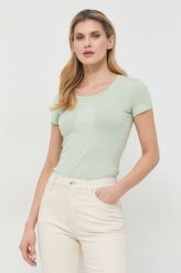 Guess t-shirt damski kolor zielony. Zielone t-shirty Guess, l, z aplikacjami, z bawełny, bez kołnierzyka, bez ramiączek. Za 169.99 zł.