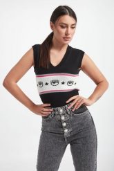 Top damski dzianinowy CHIARA FERRAGNI. Topy Chiara Ferragni, l, bez wzorów, z dzianiny, bez kołnierzyka, bez ramiączek. W wyprzedaży za 541.17 zł.