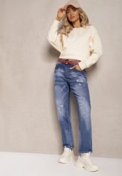 Niebieskie Jeansy z Bawełny Ozdobione Paskiem i Przetarciami Fronzina. Niebieskie jeansy Renee, l, bez wzorów, z bawełny, eleganckie, długie. W wyprzedaży za 111.99 zł.