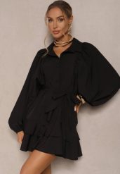 Czarna Rozkloszowana Sukienka z Falbanami i Paskiem Divanessa. Czarne sukienki Renee, na co dzień, m, bez wzorów, z materiału, bez kołnierzyka, bez ramiączek, mini, proste. W wyprzedaży za 83.99 zł.